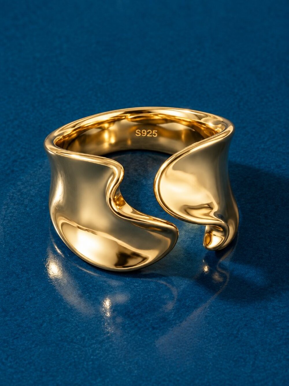 18K Gold Plated S925 Sterling Silver Chunky Wave Open Ring Adjustable 7-8